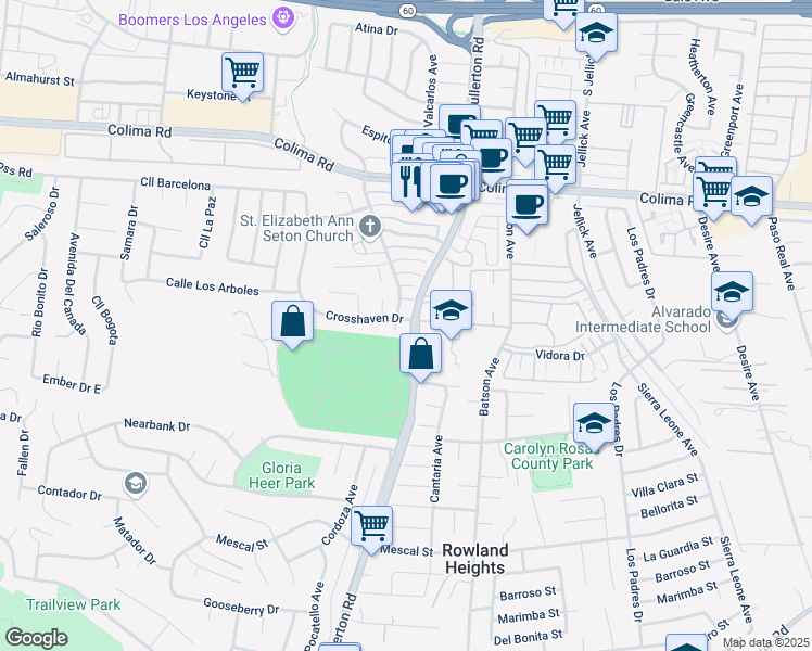 map of restaurants, bars, coffee shops, grocery stores, and more near 1940 Fullerton Road in Rowland Heights