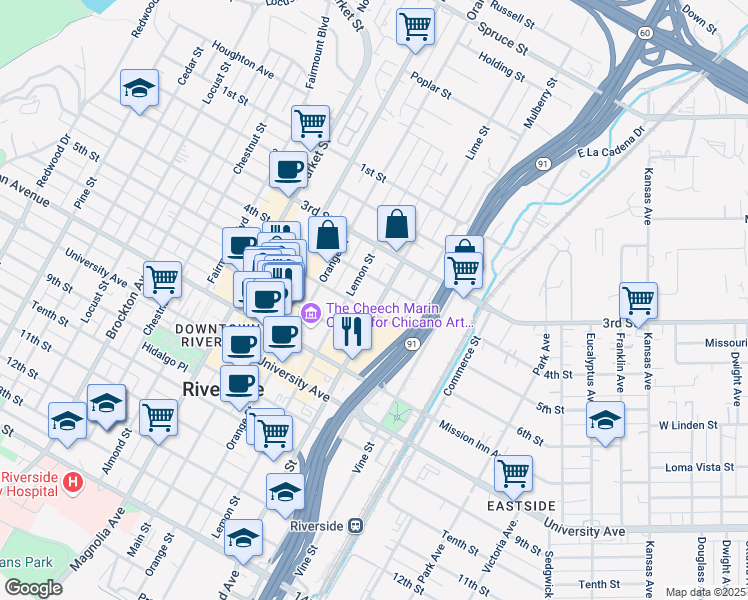 map of restaurants, bars, coffee shops, grocery stores, and more near 3469 Lime Street in Riverside