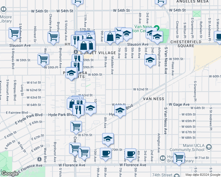 map of restaurants, bars, coffee shops, grocery stores, and more near 6059 Madden Avenue in Los Angeles