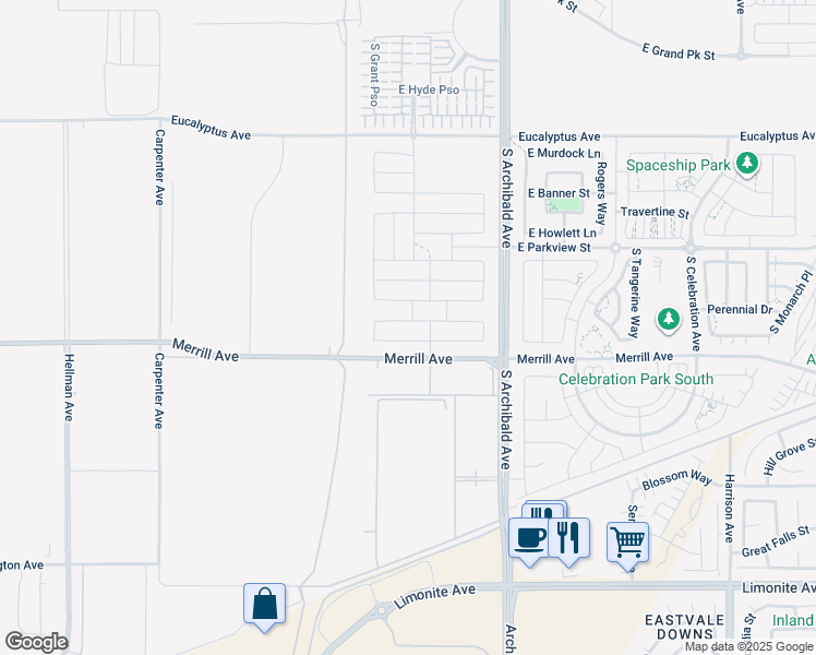 map of restaurants, bars, coffee shops, grocery stores, and more near 2578 East Mabel Lane in Ontario