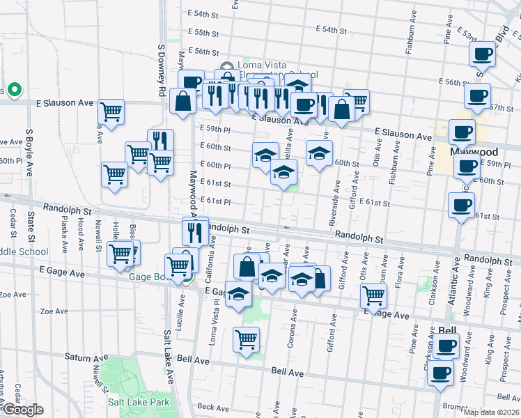 map of restaurants, bars, coffee shops, grocery stores, and more near 6133 Orchard Avenue in Huntington Park