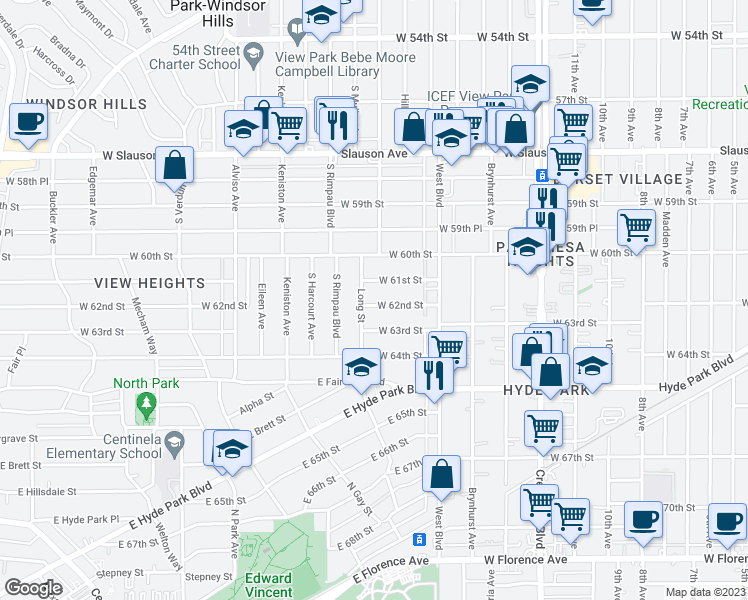 map of restaurants, bars, coffee shops, grocery stores, and more near 3705 West 62nd Street in Los Angeles