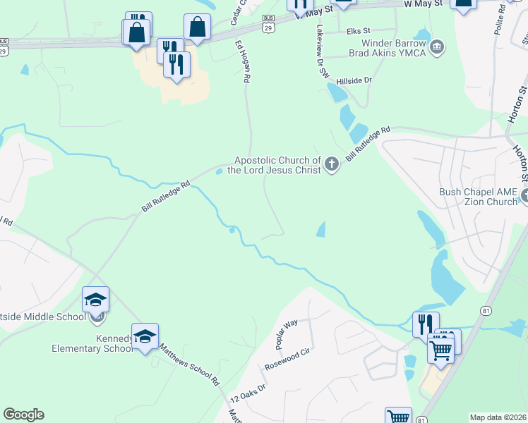 map of restaurants, bars, coffee shops, grocery stores, and more near 137 Whispering Way in Winder