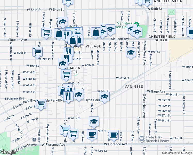 map of restaurants, bars, coffee shops, grocery stores, and more near 6059 Madden Avenue in Los Angeles