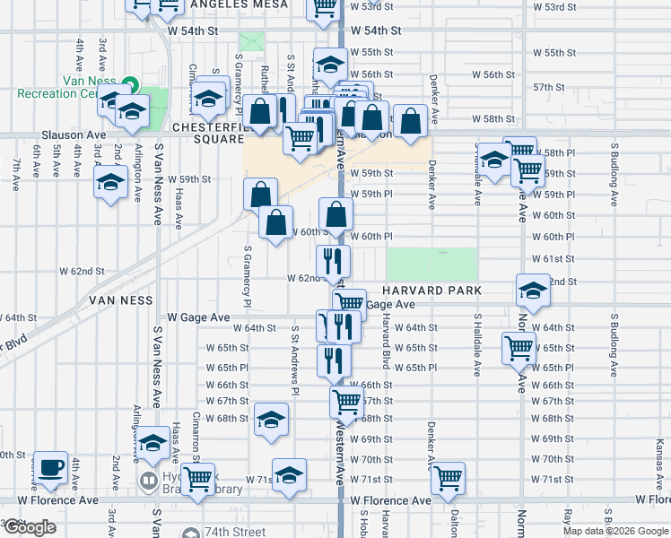 map of restaurants, bars, coffee shops, grocery stores, and more near 6121 South Western Avenue in Los Angeles