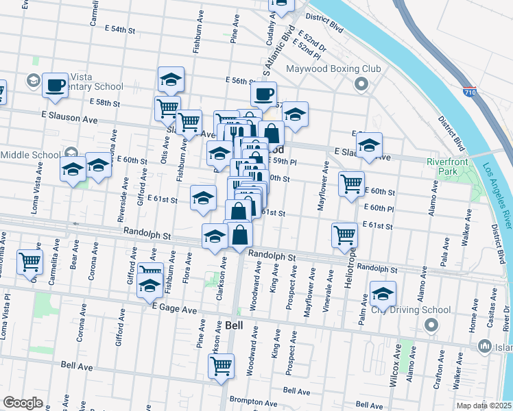 map of restaurants, bars, coffee shops, grocery stores, and more near 6043 1/2 Woodward Avenue in Maywood