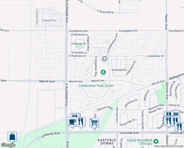 map of restaurants, bars, coffee shops, grocery stores, and more near 2829 East Clementine Drive in Ontario