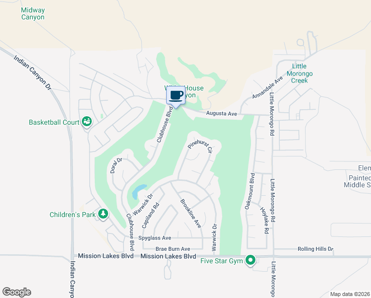 map of restaurants, bars, coffee shops, grocery stores, and more near 64542 Pinehurst Circle in Desert Hot Springs