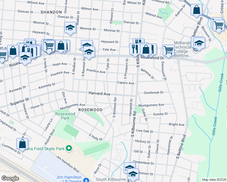 map of restaurants, bars, coffee shops, grocery stores, and more near 510 Tyler Street in Columbia