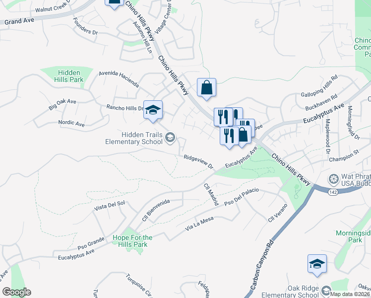 map of restaurants, bars, coffee shops, grocery stores, and more near 2400 Ridgeview Drive in Chino Hills