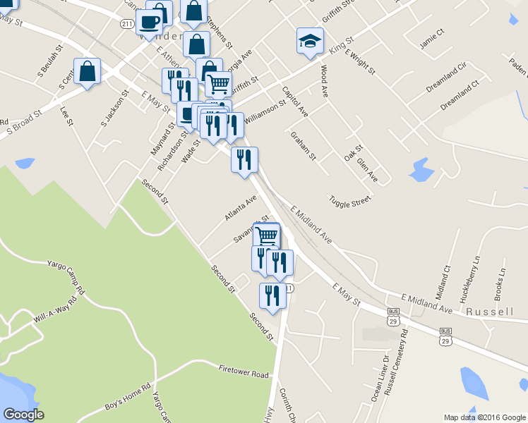 map of restaurants, bars, coffee shops, grocery stores, and more near 187 East May Street in Winder