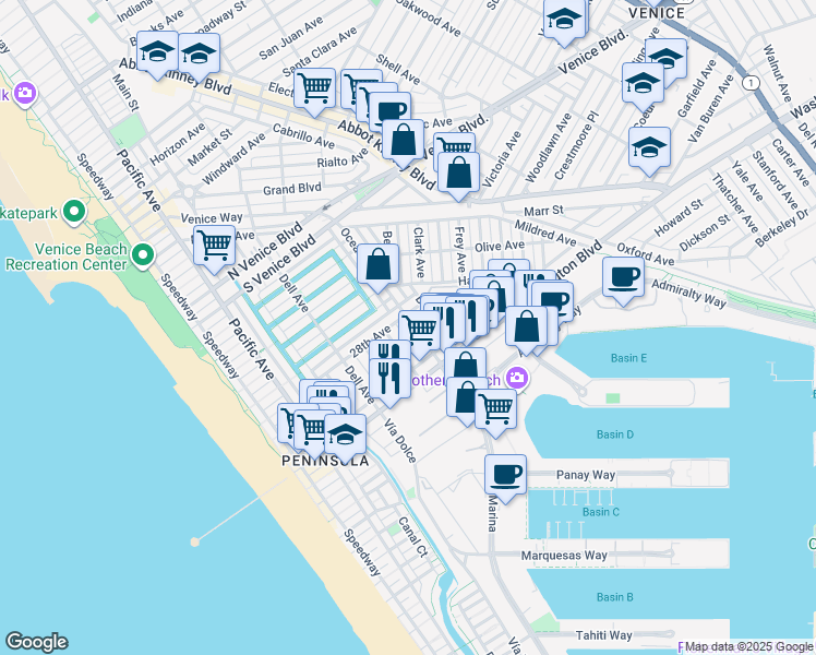map of restaurants, bars, coffee shops, grocery stores, and more near 2815 Ocean Avenue in Los Angeles