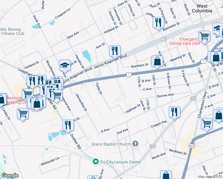 map of restaurants, bars, coffee shops, grocery stores, and more near 1917 Augusta Road in West Columbia
