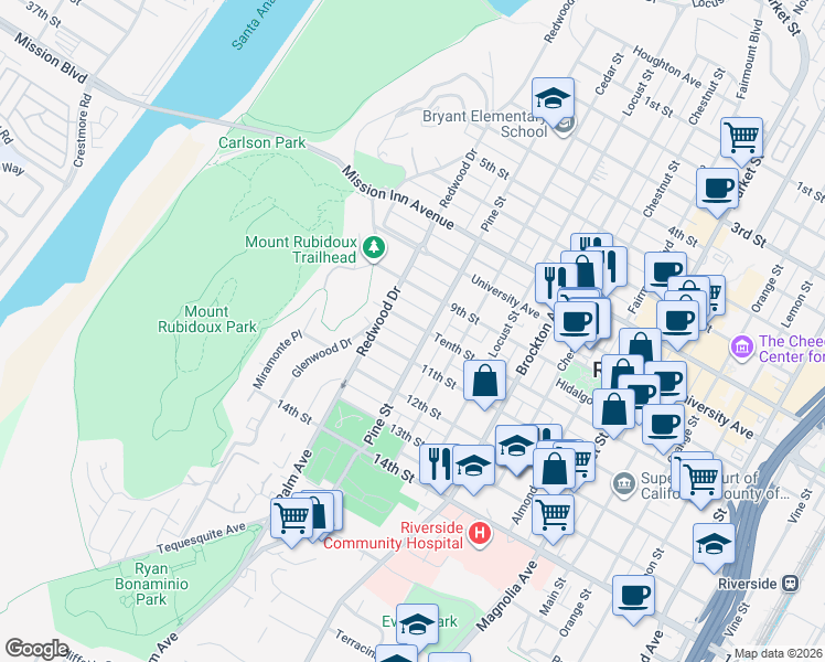 map of restaurants, bars, coffee shops, grocery stores, and more near 4424 Tenth Street in Riverside