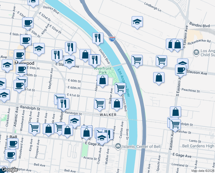 map of restaurants, bars, coffee shops, grocery stores, and more near 5112 East 60th Street in Maywood