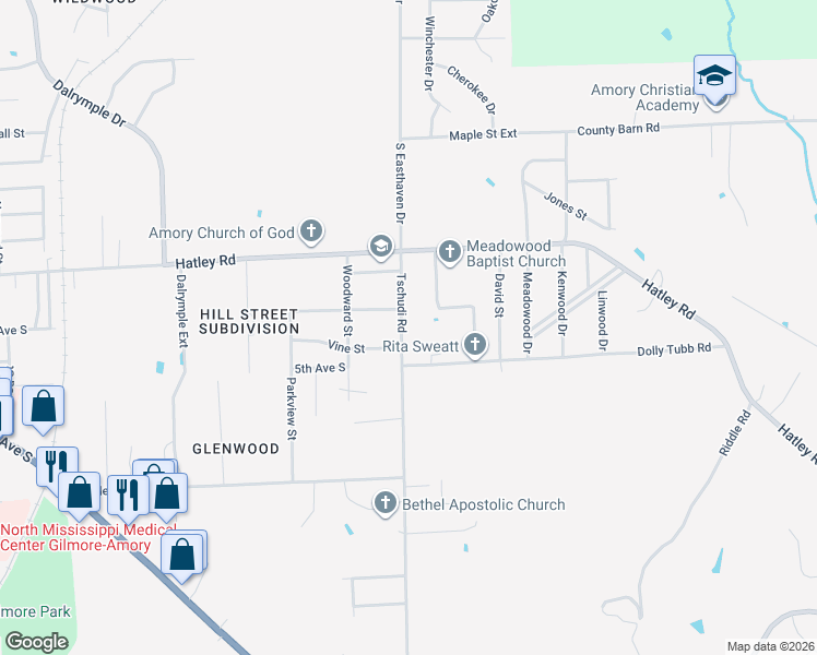 map of restaurants, bars, coffee shops, grocery stores, and more near 403 Tschudi Road in Amory