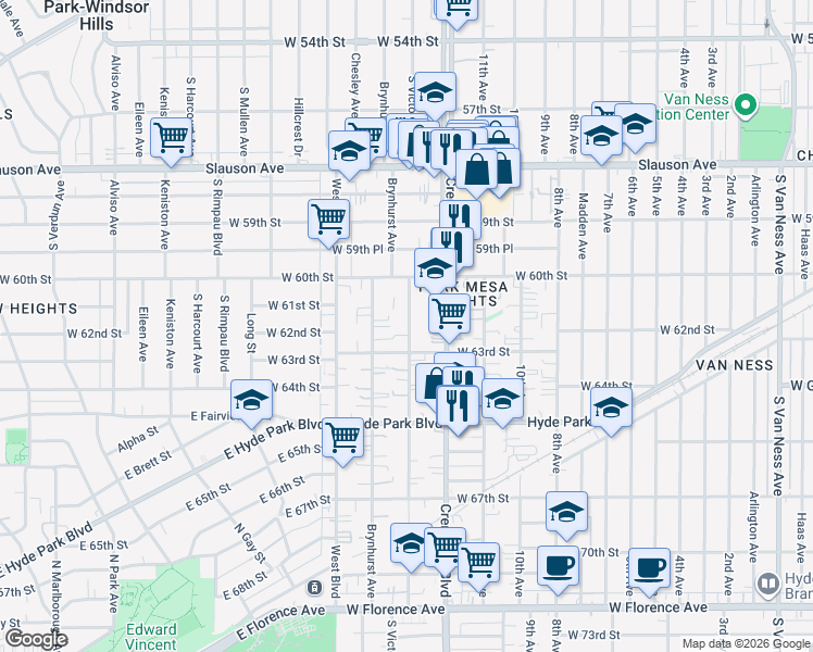 map of restaurants, bars, coffee shops, grocery stores, and more near 6122 South Victoria Avenue in Los Angeles