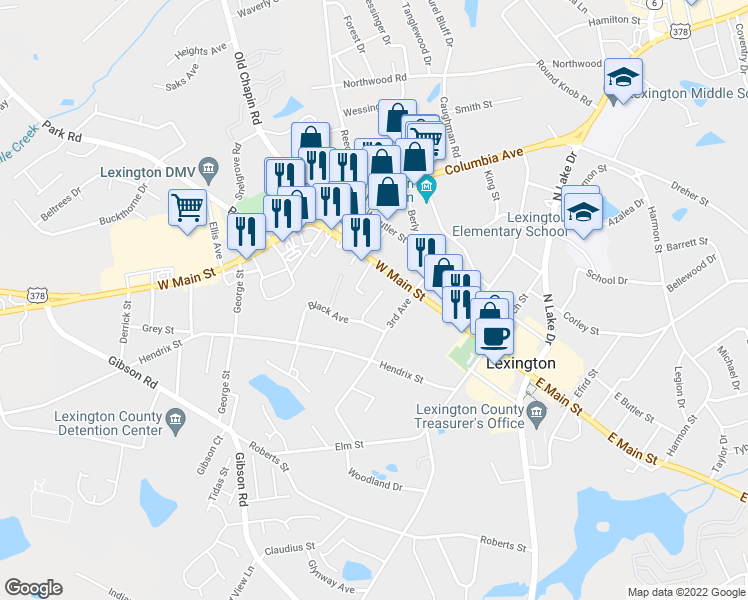map of restaurants, bars, coffee shops, grocery stores, and more near 313 West Main Street in Lexington