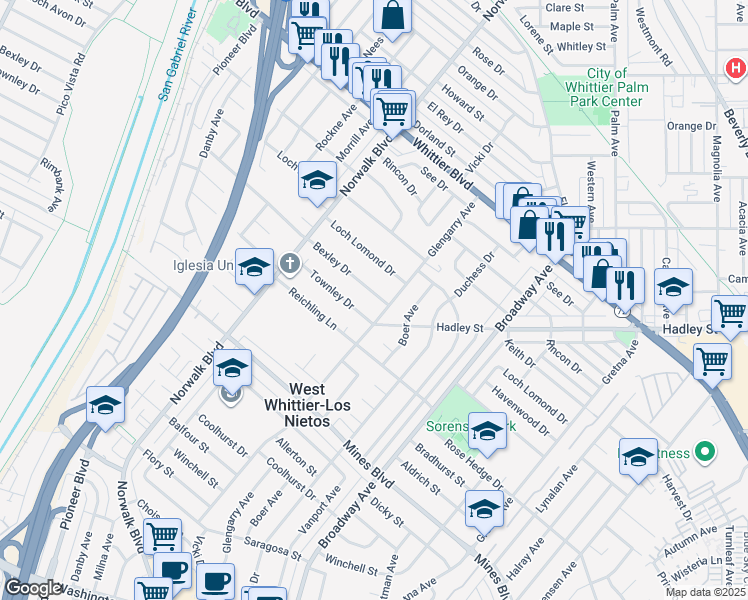 map of restaurants, bars, coffee shops, grocery stores, and more near 11026 Bexley Drive in Whittier