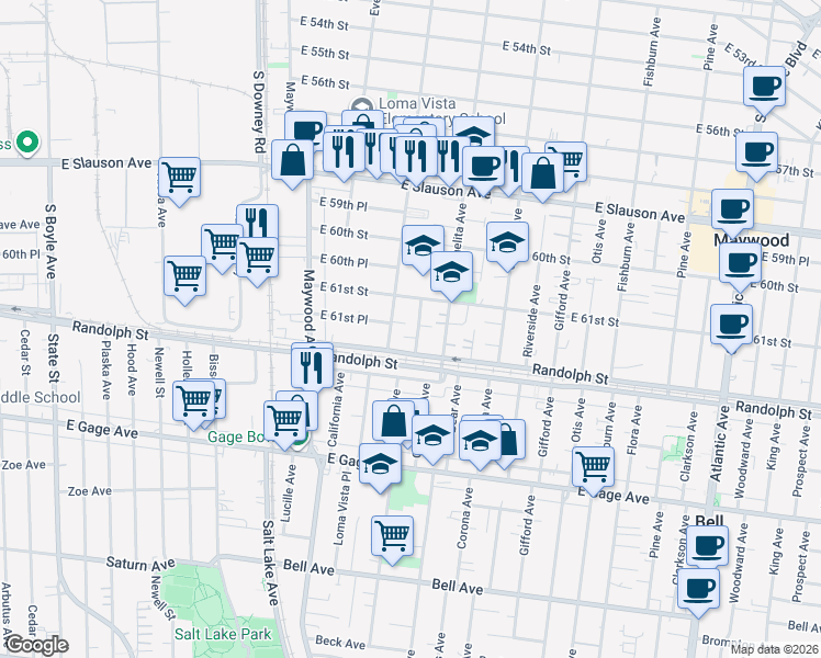 map of restaurants, bars, coffee shops, grocery stores, and more near 6133 Orchard Avenue in Huntington Park