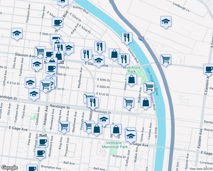 map of restaurants, bars, coffee shops, grocery stores, and more near 4867 East 60th Place in Maywood