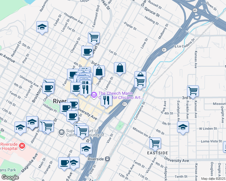 map of restaurants, bars, coffee shops, grocery stores, and more near 3449 Lime Street in Riverside