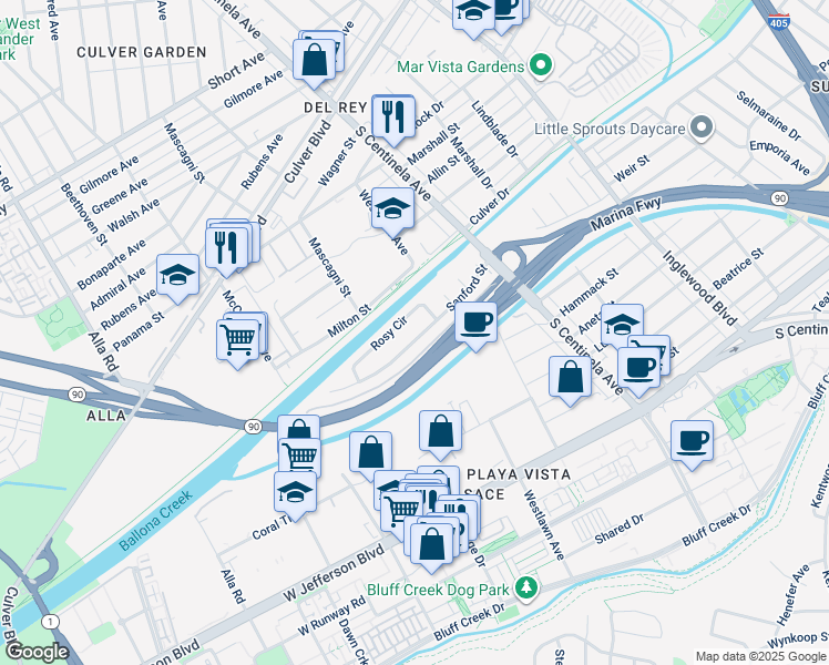 map of restaurants, bars, coffee shops, grocery stores, and more near 12521 Sanford Street in Los Angeles