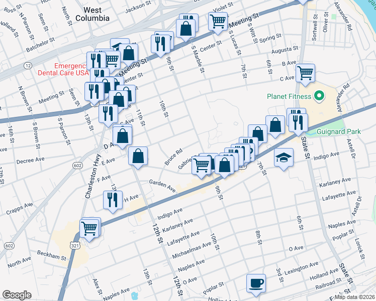 map of restaurants, bars, coffee shops, grocery stores, and more near 925 Bruce Rd in Cayce