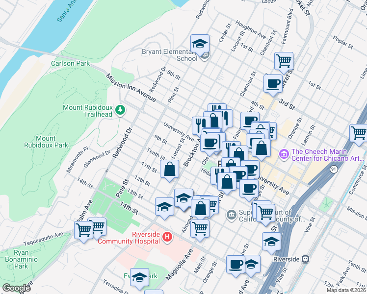 map of restaurants, bars, coffee shops, grocery stores, and more near 3873 Locust Street in Riverside