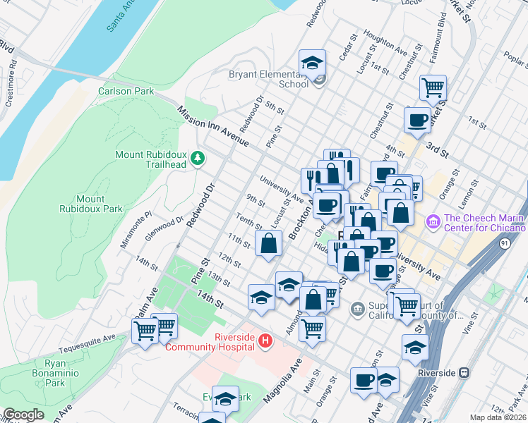 map of restaurants, bars, coffee shops, grocery stores, and more near 4308 9th Street in Riverside