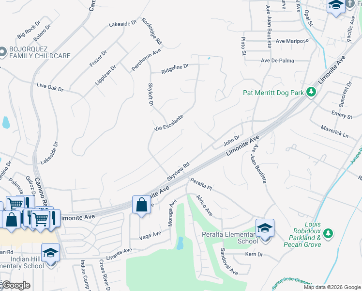 map of restaurants, bars, coffee shops, grocery stores, and more near 7146 Font Avenue in Riverside