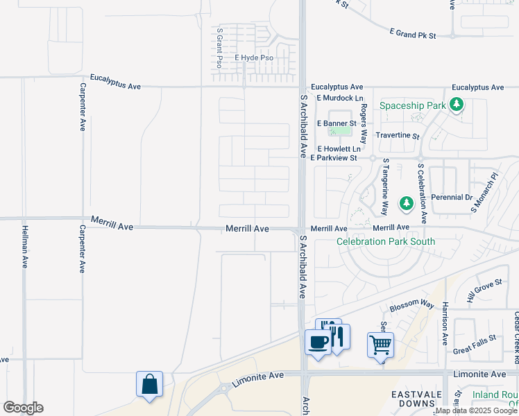 map of restaurants, bars, coffee shops, grocery stores, and more near 2647 East Mabel Lane in Ontario