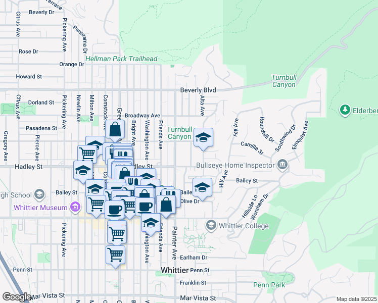 map of restaurants, bars, coffee shops, grocery stores, and more near 13422 Camilla Street in Whittier