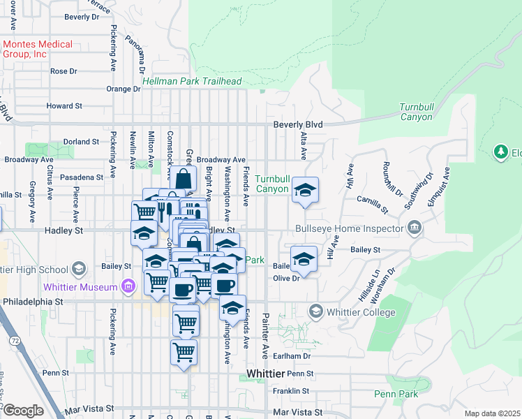 map of restaurants, bars, coffee shops, grocery stores, and more near 6314 Friends Avenue in Whittier
