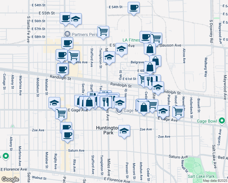 map of restaurants, bars, coffee shops, grocery stores, and more near 2881 Clarendon Avenue in Huntington Park