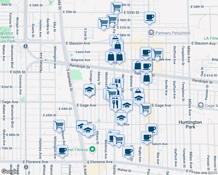 map of restaurants, bars, coffee shops, grocery stores, and more near 6222 Marbrisa Avenue in Huntington Park