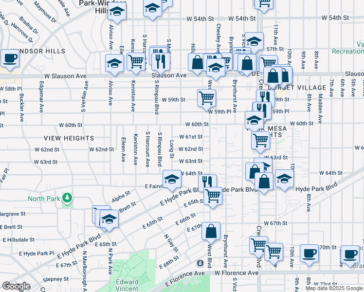 map of restaurants, bars, coffee shops, grocery stores, and more near 3705 West 62nd Street in Los Angeles