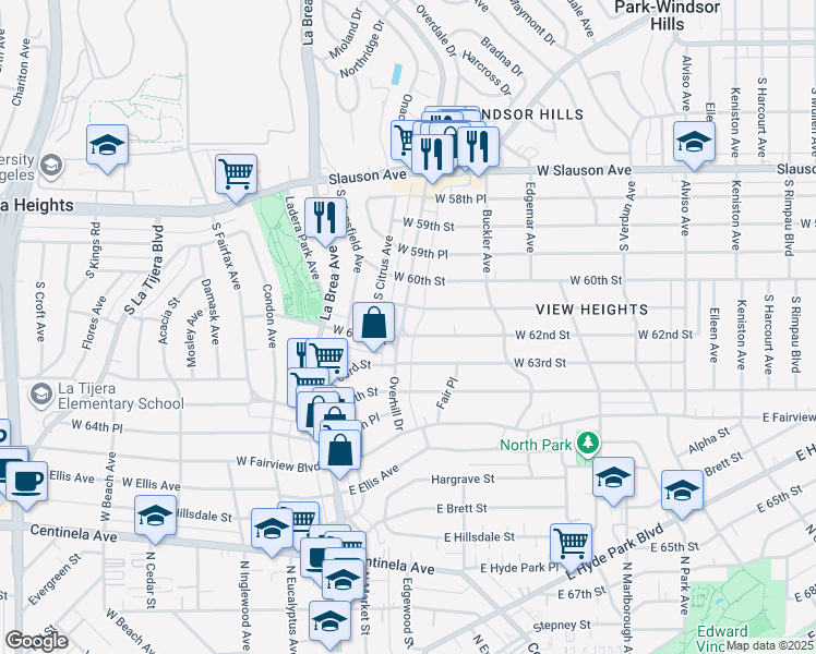 map of restaurants, bars, coffee shops, grocery stores, and more near 6114 Overhill Drive in View Park-Windsor Hills