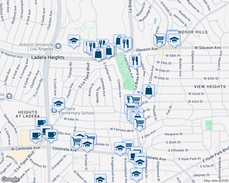 map of restaurants, bars, coffee shops, grocery stores, and more near 6208 South Fairfax Avenue in View Park-Windsor Hills