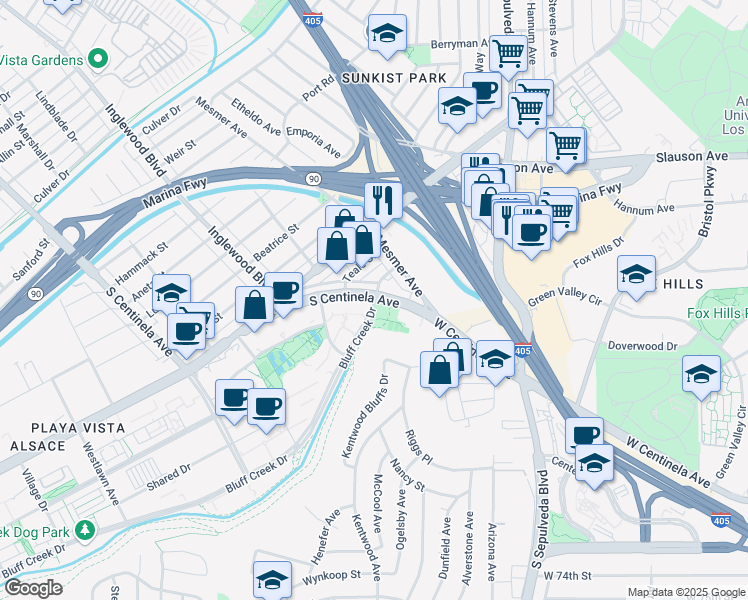 map of restaurants, bars, coffee shops, grocery stores, and more near 6822 South Centinela Avenue in Los Angeles
