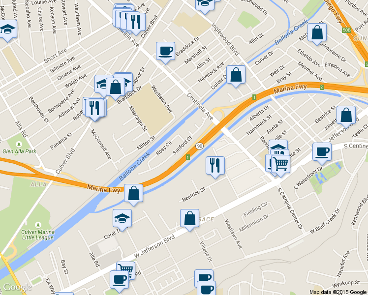 map of restaurants, bars, coffee shops, grocery stores, and more near 12521 Sanford Street in Los Angeles