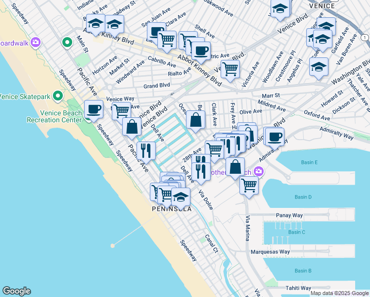 map of restaurants, bars, coffee shops, grocery stores, and more near 450 Sherman Canal in Los Angeles