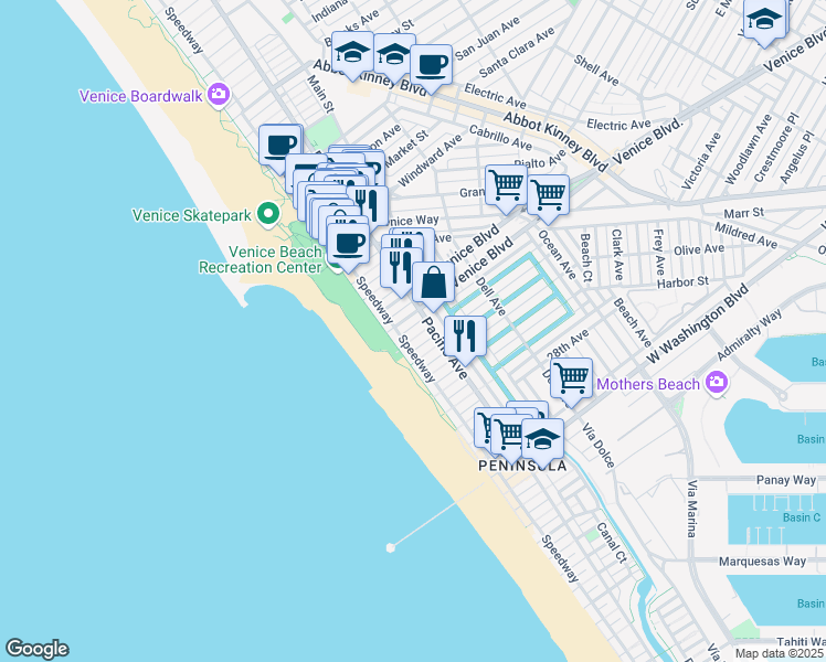map of restaurants, bars, coffee shops, grocery stores, and more near 28 South Venice Boulevard in Los Angeles