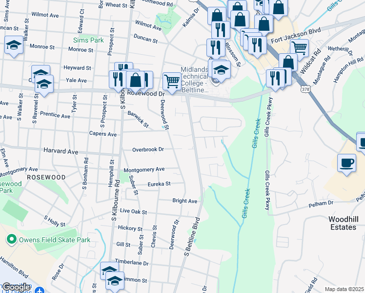map of restaurants, bars, coffee shops, grocery stores, and more near 508 Deerwood Street in Columbia