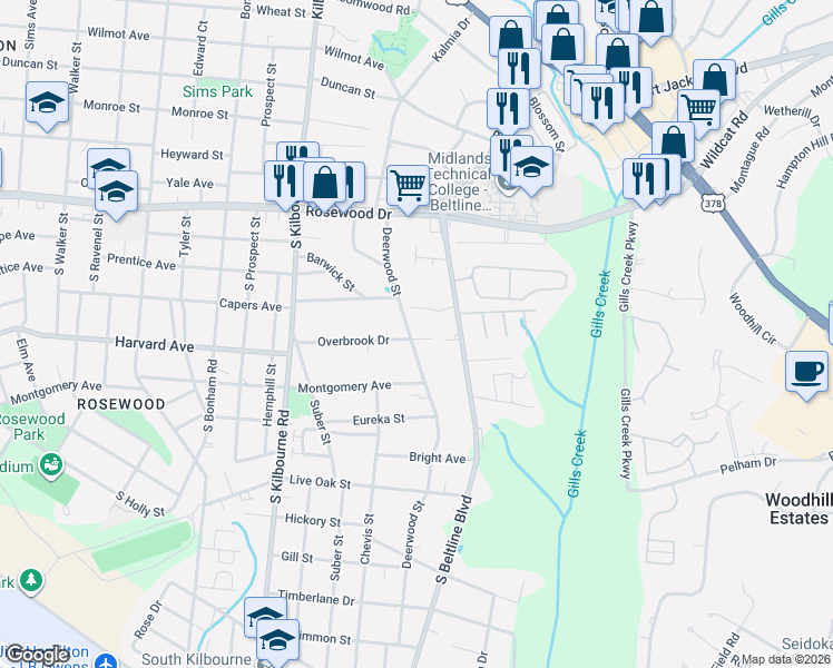 map of restaurants, bars, coffee shops, grocery stores, and more near 508 Deerwood Street in Columbia