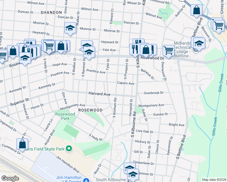 map of restaurants, bars, coffee shops, grocery stores, and more near 510 Tyler Street in Columbia