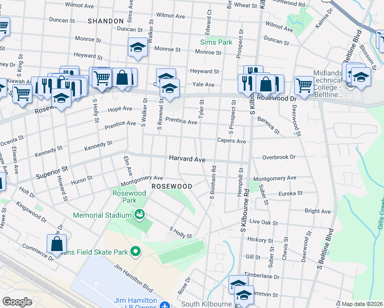 map of restaurants, bars, coffee shops, grocery stores, and more near 509 Tyler Street in Columbia
