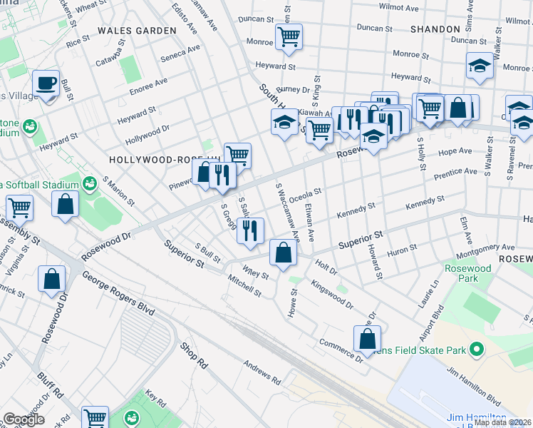 map of restaurants, bars, coffee shops, grocery stores, and more near 503 South Waccamaw Avenue in Columbia