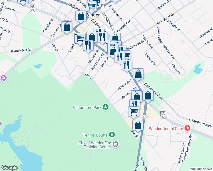 map of restaurants, bars, coffee shops, grocery stores, and more near 124 2nd Street in Winder