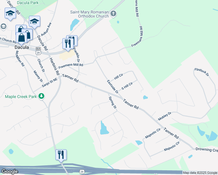 map of restaurants, bars, coffee shops, grocery stores, and more near 537 Eastside Drive in Dacula